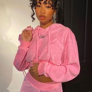 I.AM.GIA Pink Cropped Terry Cloth Long Sleeve Y2K Sweatshirt Hoodie